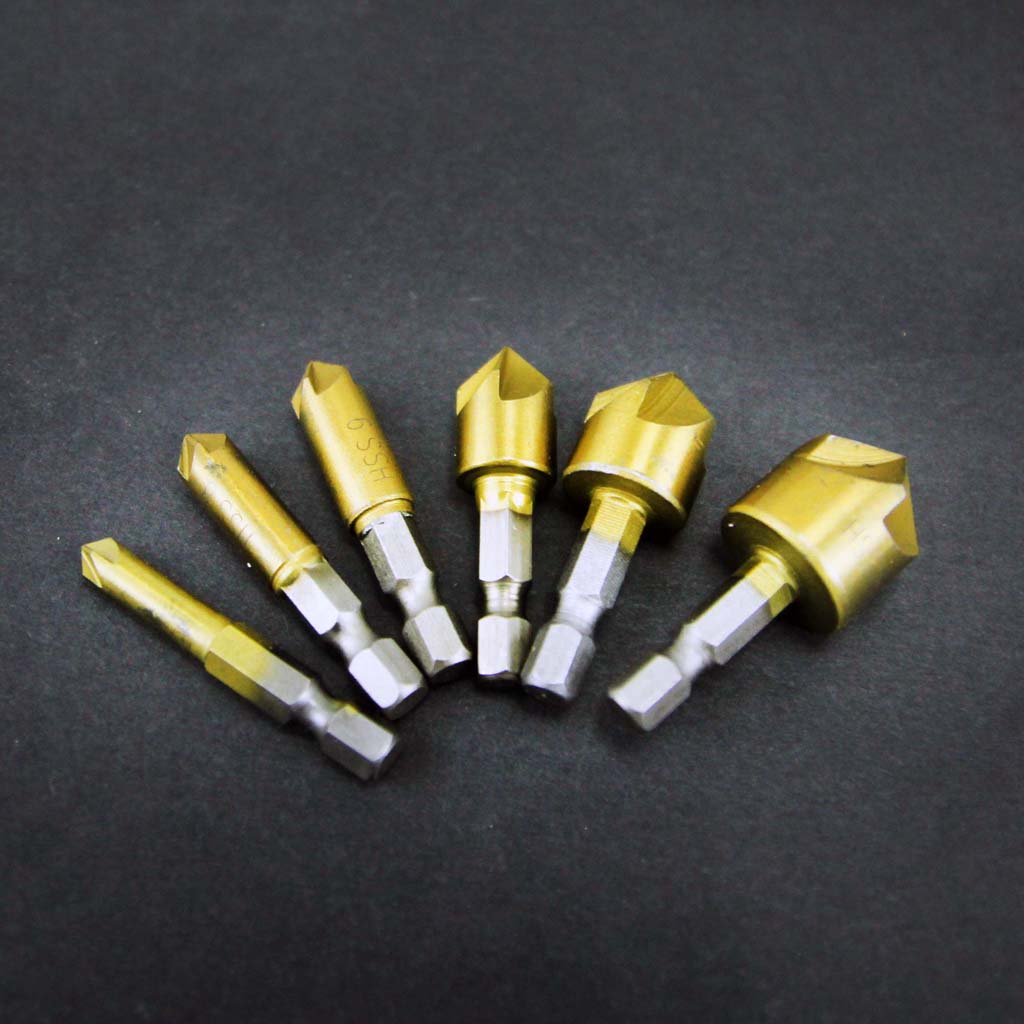 Bộ 6 mũi doa lỗ gỗ dạng 5 lưỡi phay chuôi lục thép carbon cao phủ Titanium