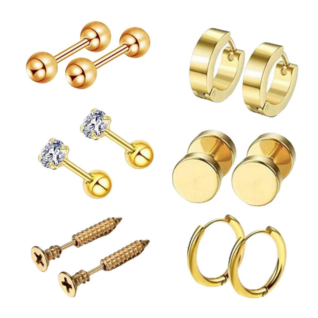 6 Pairs Ear Studs Curve Barbell Stainless Helix Piercing Ear Jewelry Gold