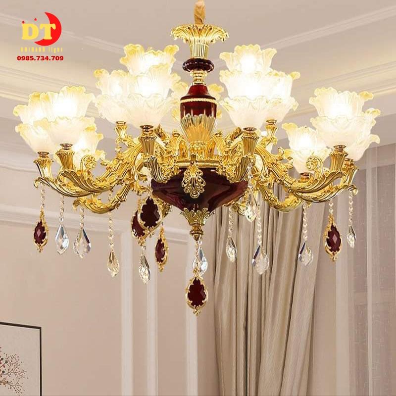 Đèn chùm tay đá mạ màu đỏ phòng khách tân cổ điển hiện đại DCN