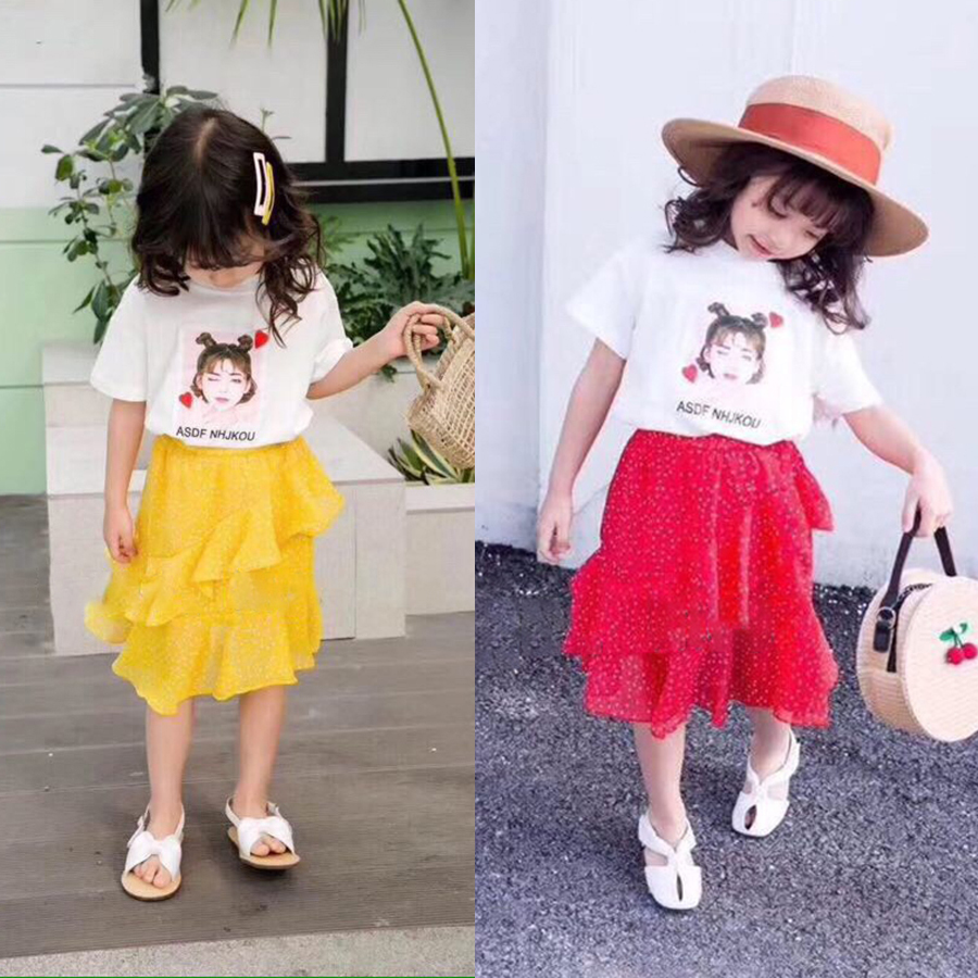 Set áo thun trắng in bé gái phối chân váy bi voan siêu sành điệu cho bé 7-12 tuổi từ 28 đến 38 kg 02616-02615