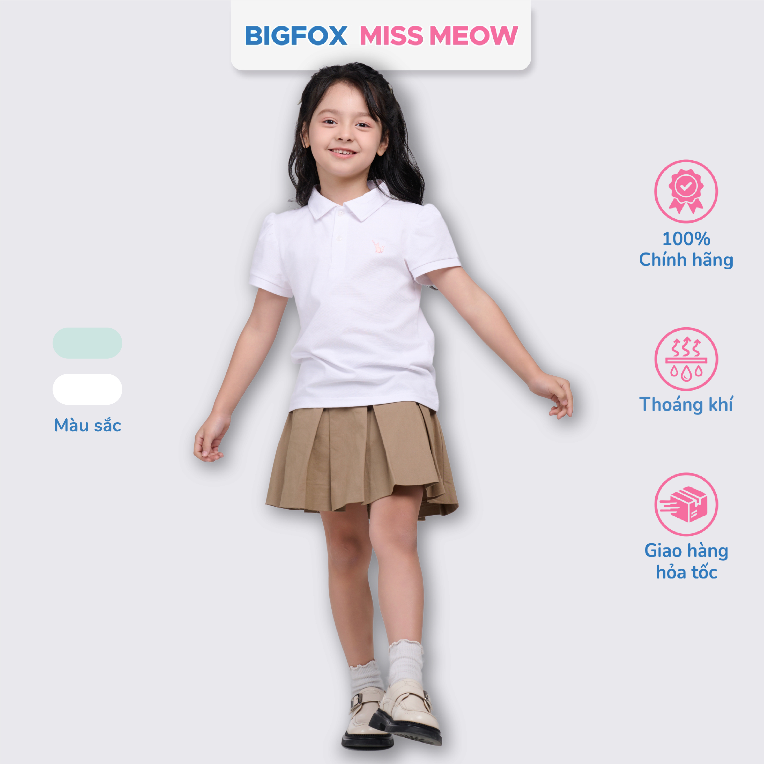 Áo polo bé gái Bigfox Miss Meow mùa hè, áo cộc tay đồng phục đi học có cổ 6,9,11 tuổi 30kg 40kg