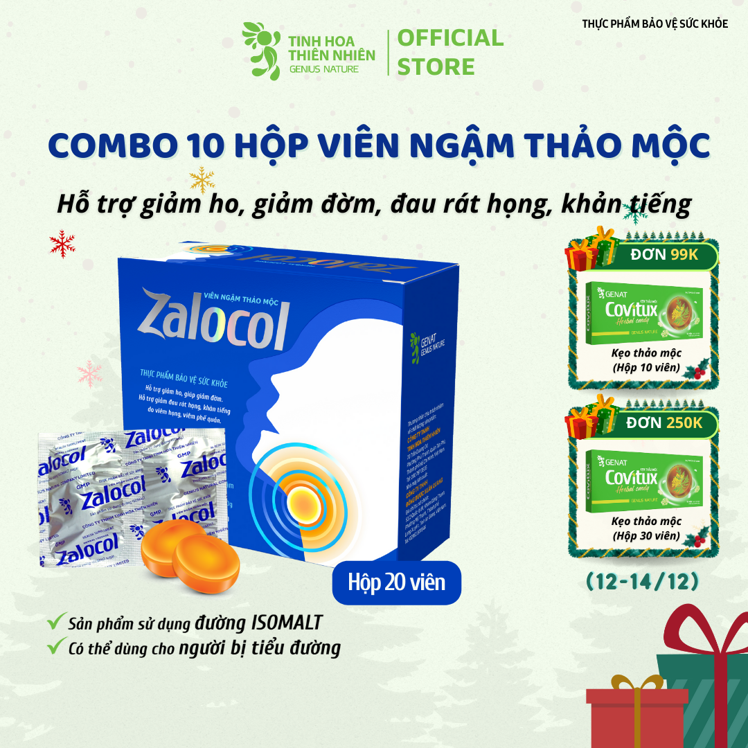 Combo 10 hộp viên ngậm ho thảo mộc Zalocol Hỗ trợ giảm đờm, giảm đau rát họng, khản tiếng do viêm họng, viêm phế quản  - Genat