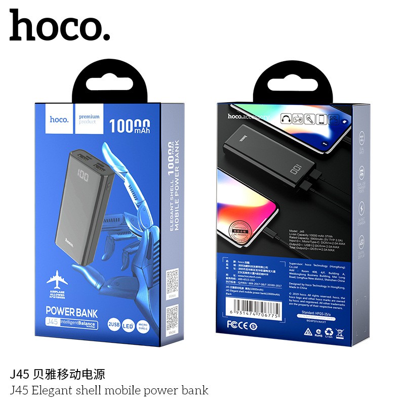 Pin Sạc Dự Phòng Hoco J45 - 10.000 mAh - Hàng CHính Hãng + Tặng kèm 1 Ghế Đỡ Điện Thoại Đa Năng T2