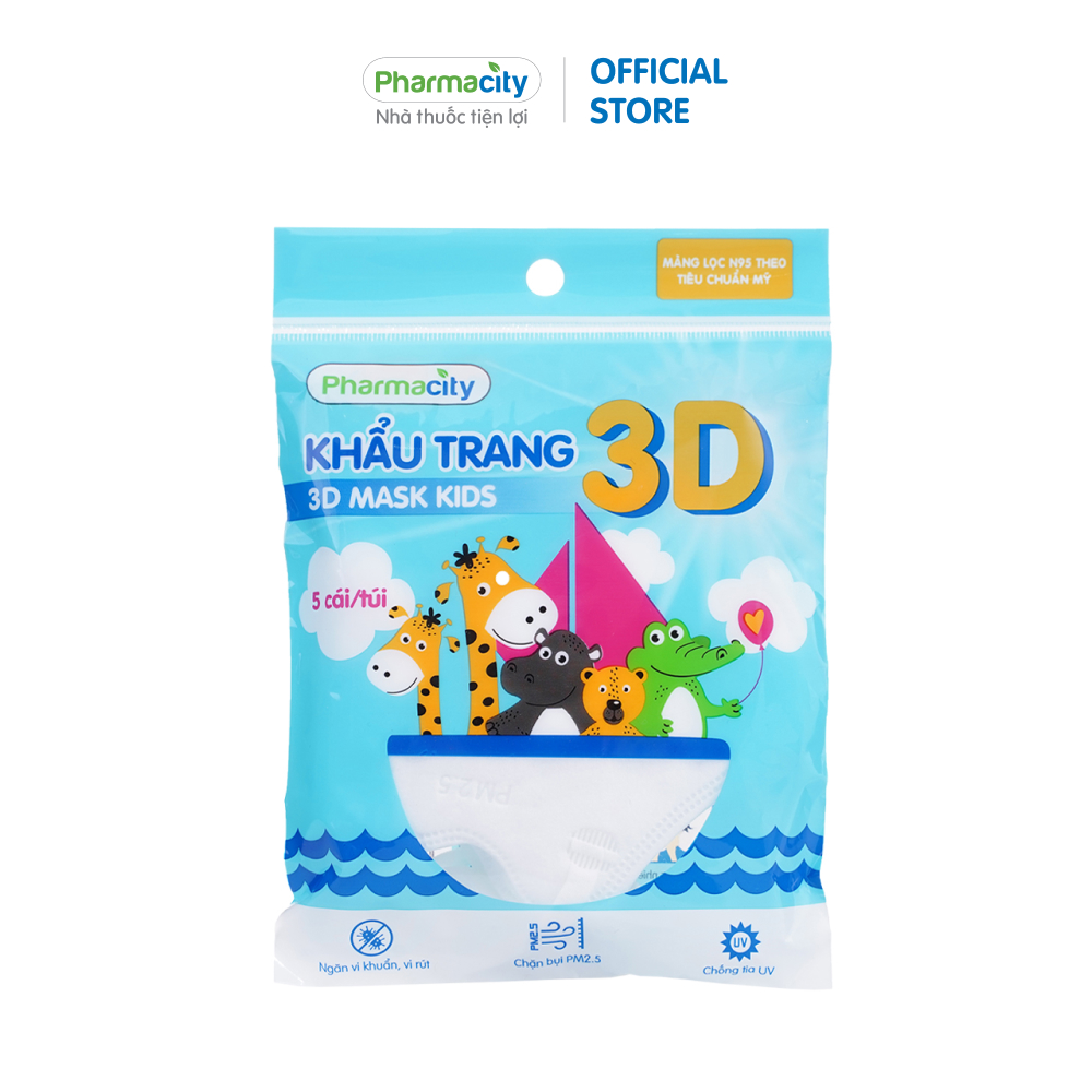 Khẩu trang y tế 3D Pharmacity màng lọc N95 lọc bụi mịn và vi khuẩn (Gói 5 cái)