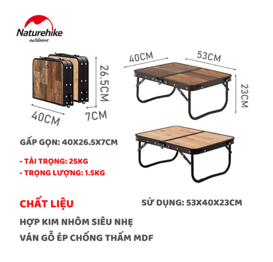 Bàn cắm trại MDF Vintage 2 mức chiều cao NatureHike NH20JJ028