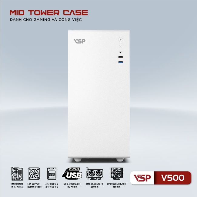 Vỏ máy tính Case VSP V500 [TRẮNG] Gaming Kính cường lực (Micro ATX/ITX) - Hàng chính hãng VSP phân phối
