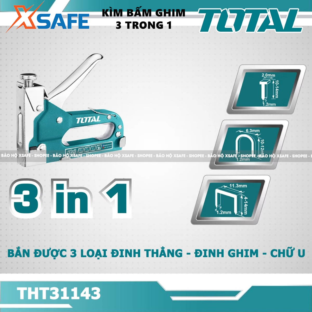 Kìm bấm đinh ghim đa năng 3 trong 1 TOTAL THT31143 Kềm bấm ghim điều chỉnh lực bắn kèm 600 mũi ghim U, đinh, chữ nhật