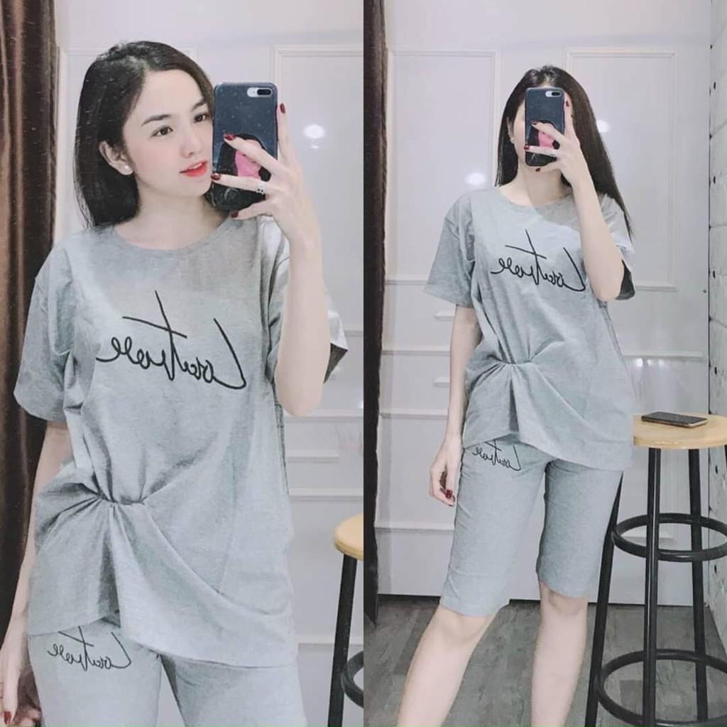 Đồ bộ nữ, set bộ đồ lửng mặc nhà thêu chữ chất vải cotton co giãn