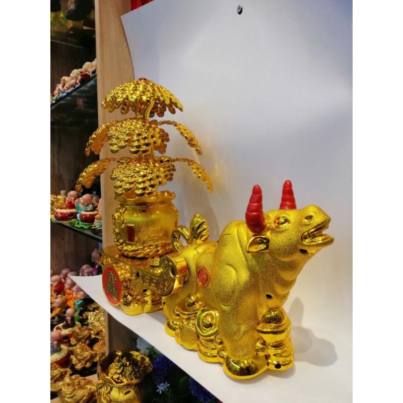 TRÂU KÉO CÂY VÀNG TÀI LỘC TRANG TRÍ CÓ ĐÈN NHÁY VÀ XOAY