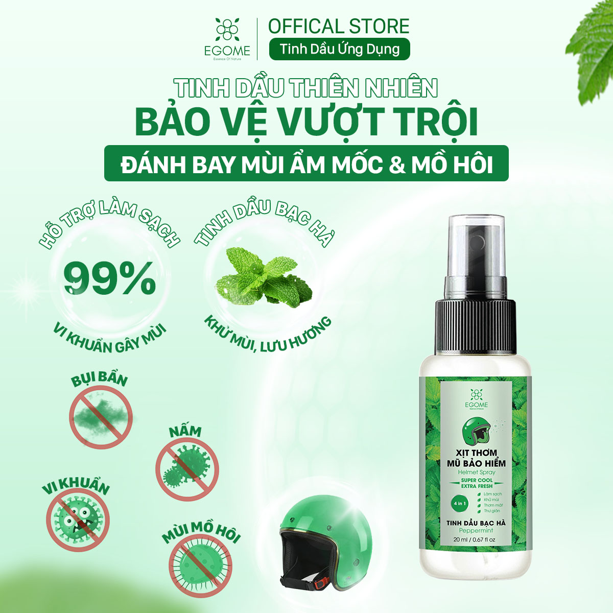 Xịt Thơm Mũ Bảo Hiểm Egome Tinh Dầu Bạc Hà làm sạch, khử mùi mũ bảo hiểm 20ml