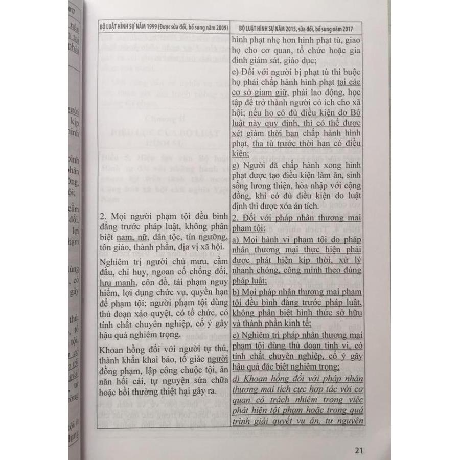 So sánh đối chiếu bộ luật hình sự năm 1999 sửa đổi bổ sung 2009 và Bộ luật hình sự 2015 sửa đổi bổ sung 2017