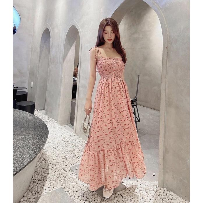 Đầm maxi hai dây cột vai đi biển đi dạo hoa nhí phối nút gỗ hình thật đủ màu siêu đẹp