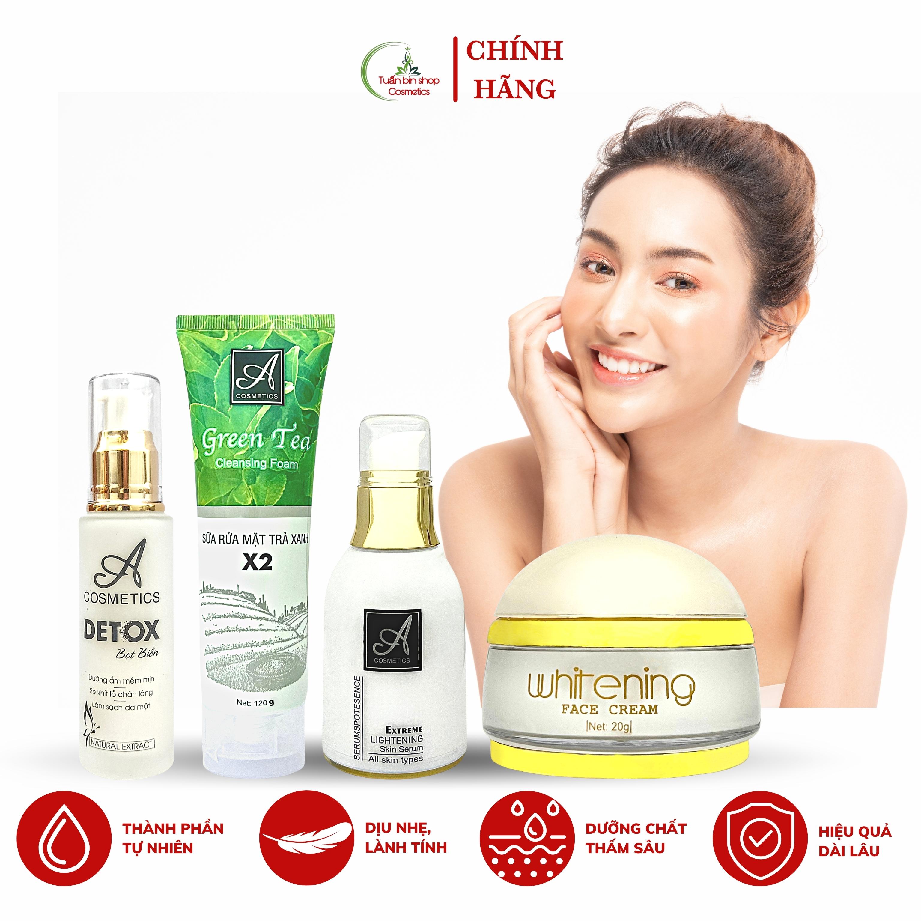 Combo dưỡng trắng da mặt hoàn hảo Acosmetics, kem face pháp, serum dưỡng ẩm, sữa rửa mặt trà xanh x2, detox bọt biển 220g