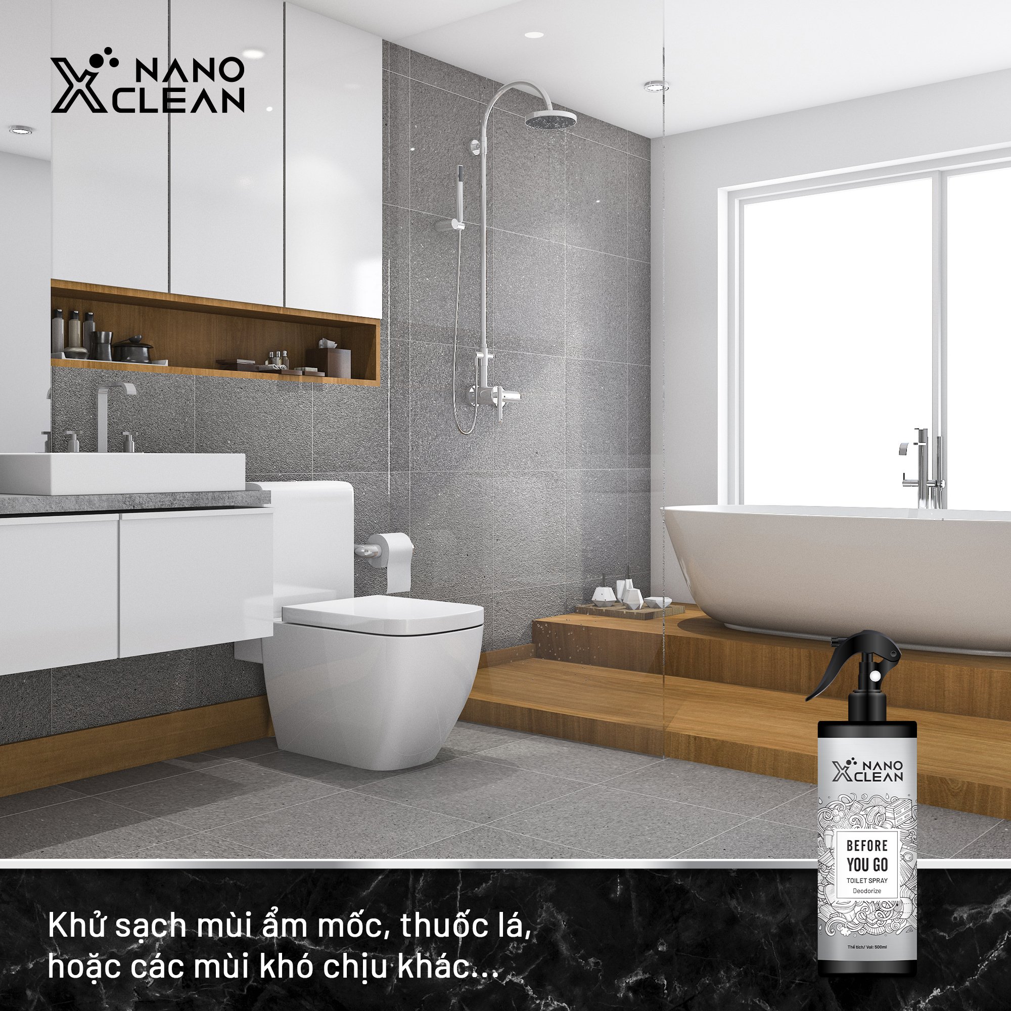 Chai xịt diệt khuẩn khử mùi toilet, bồn cầu, nhà vệ sinh, nhà tắm Nano Xclean Toilet Spray 500ML - AHT Corp (AHTC)