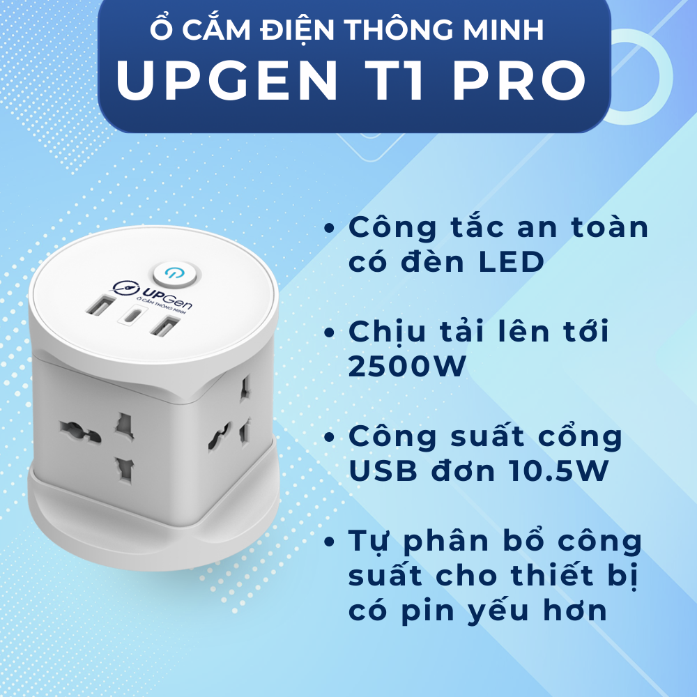 Ô cắm điện đa năng UPGEN T1 PRO có 2 cổng sạc USB 1 cổng TypeC cho điện thoại, 4 ổ cắm chịu tải 2500W, dây điện dài 2.5m, An Toàn, Chống Cháy, Chống Giật, BH 12 tháng