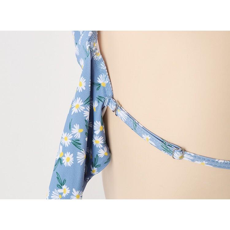 Bikini tắm biển hai mảnh xanh lam, họa tiết hoa cúc