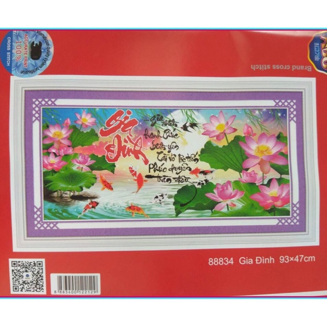 Tranh thêu gia đình cá hoa sen 88834 - kích thước: 93 * 47cm.