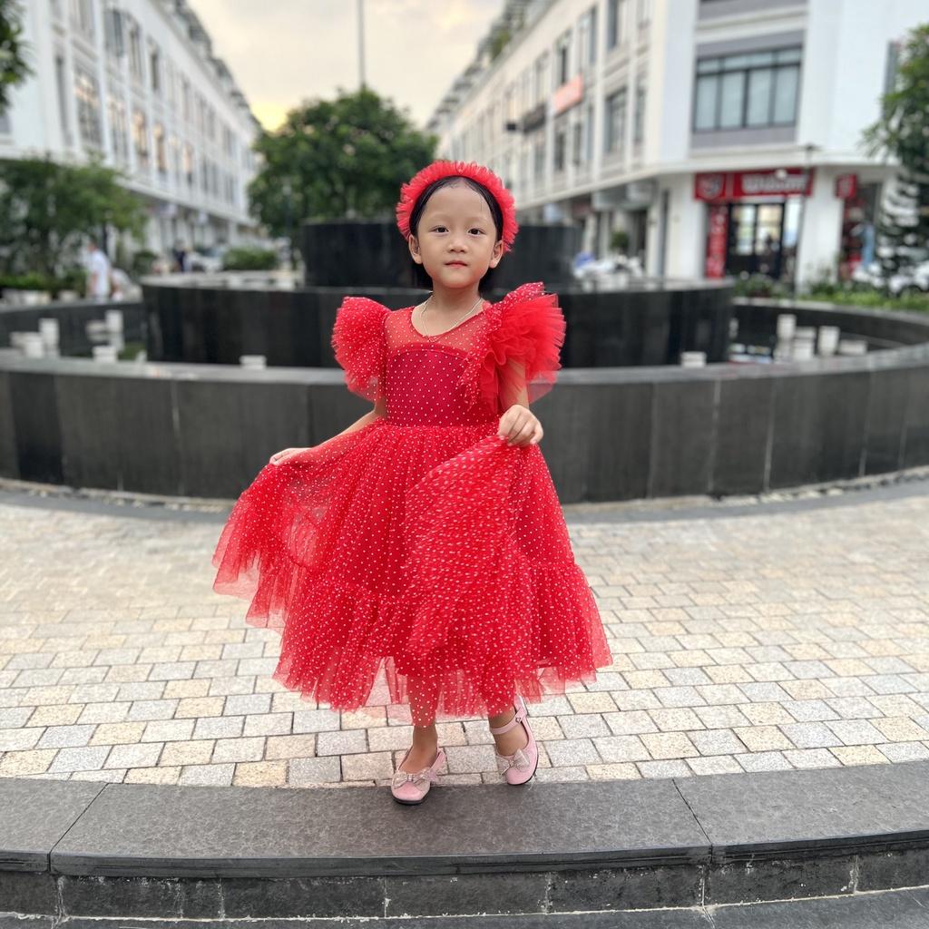 Váy công chúa đầm công chúa thiết kế chấm bi đỏ xẻ lưng kẹp nơ cho bé gái từ 1 -10 tuổi tại Mom's choice