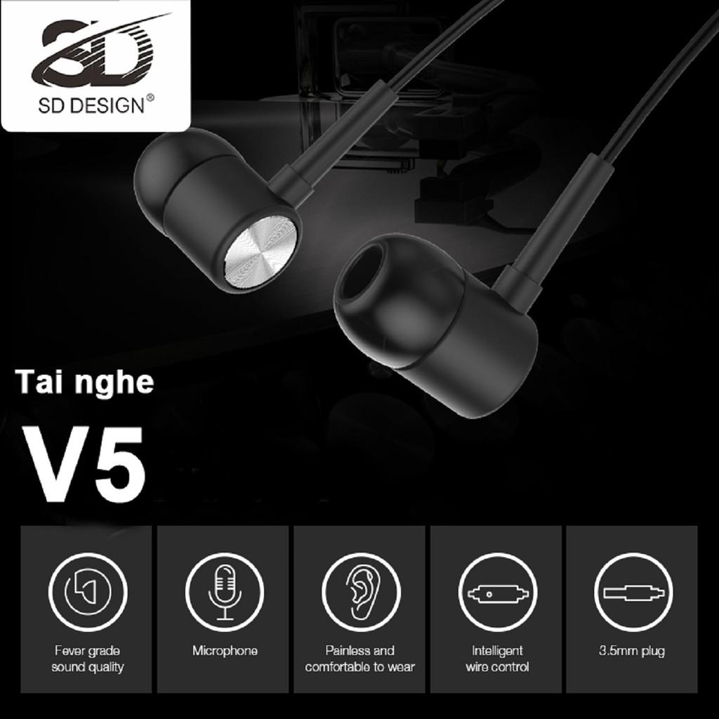 Tai Nghe Nhét Tai SD Design V5 Super Bass tương thích các dòng điện thoại jack 3.5mm, có mic bảo hành 1 đổi 1