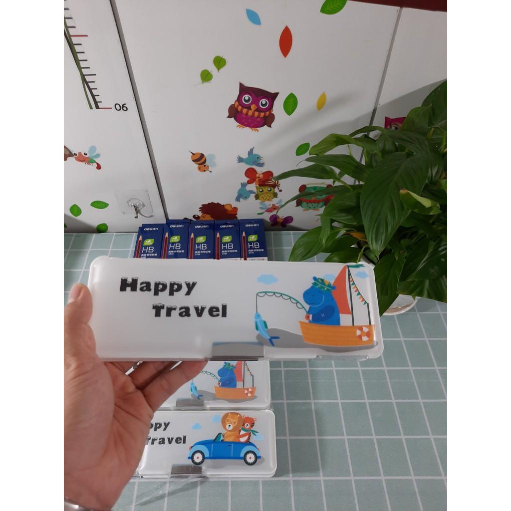 Hộp bút nhựa 2 ngăn kèm gọt bút mẫu HAPPY TRAVEL, hộp đựng bút cho bé