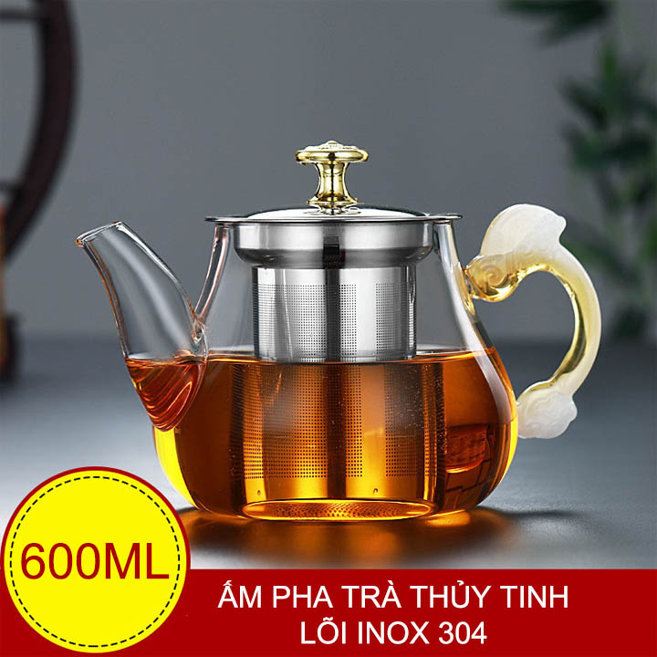 Ấm pha trà bằng thủy tinh có bộ lọc bằng inox 304, loại dung tích 600ml