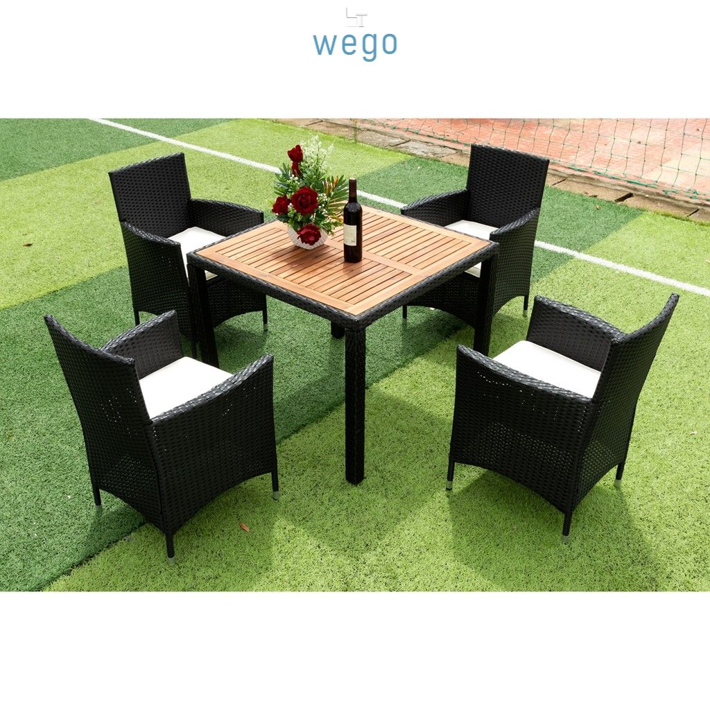 WEGO Bộ bàn ghế nội thất ngoài trời mây đan mây nhựa / Bộ sân vườn - Bộ bàn ăn Mặt bàn bằng gỗ keo với 4 ghế //Outdoor Furniture Rattan Chair set Garden Dining Table Set 4 Seater