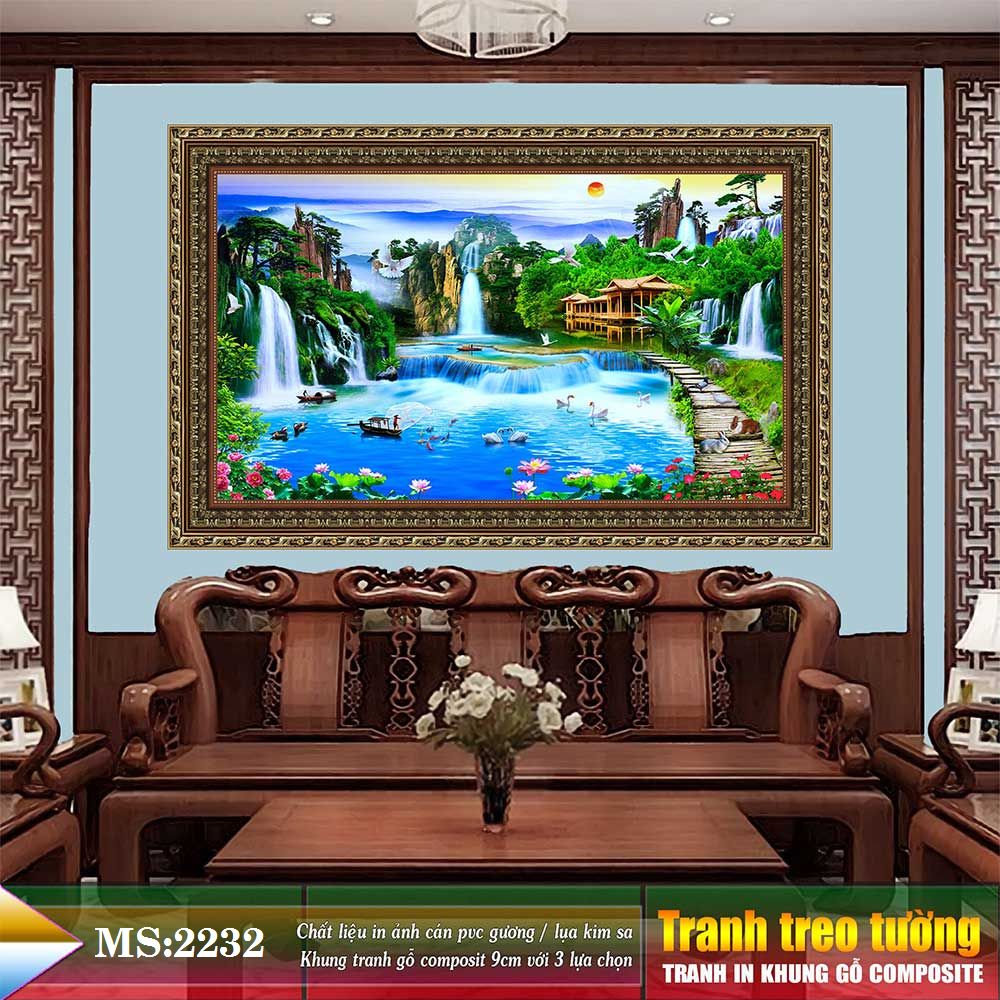 Tranh treo tường phòng khách, phòng ngủ SƠN THỦY HỮU TÌNH khung gỗ composit chất liệu pvc gương / lụa kim sa. MS:2232L9
