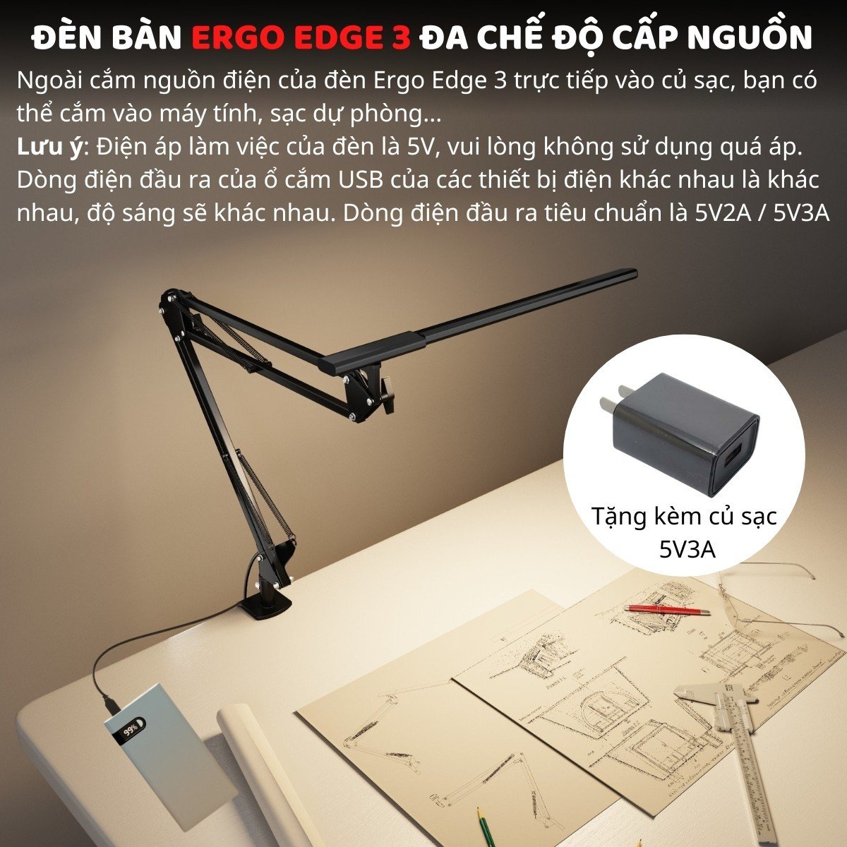 Đèn bàn học bảo vệ mắt DandiHome Ergo Edge chống cận để làm việc, học tập có thể kéo dài và gấp gọn - 3 phiên bản