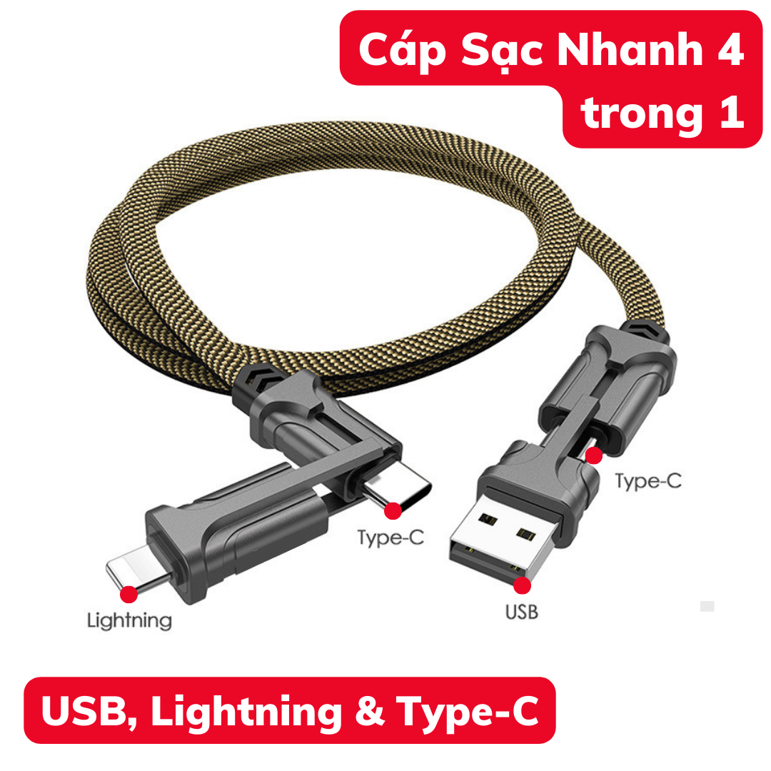 Dây Sạc Nhanh 4 Trong 1 TYPE-C &amp; USB hỗ trợ sạc laptop, 1pad, 1phone - Cáp sạc nhanh 3 đầu dài 1.2m