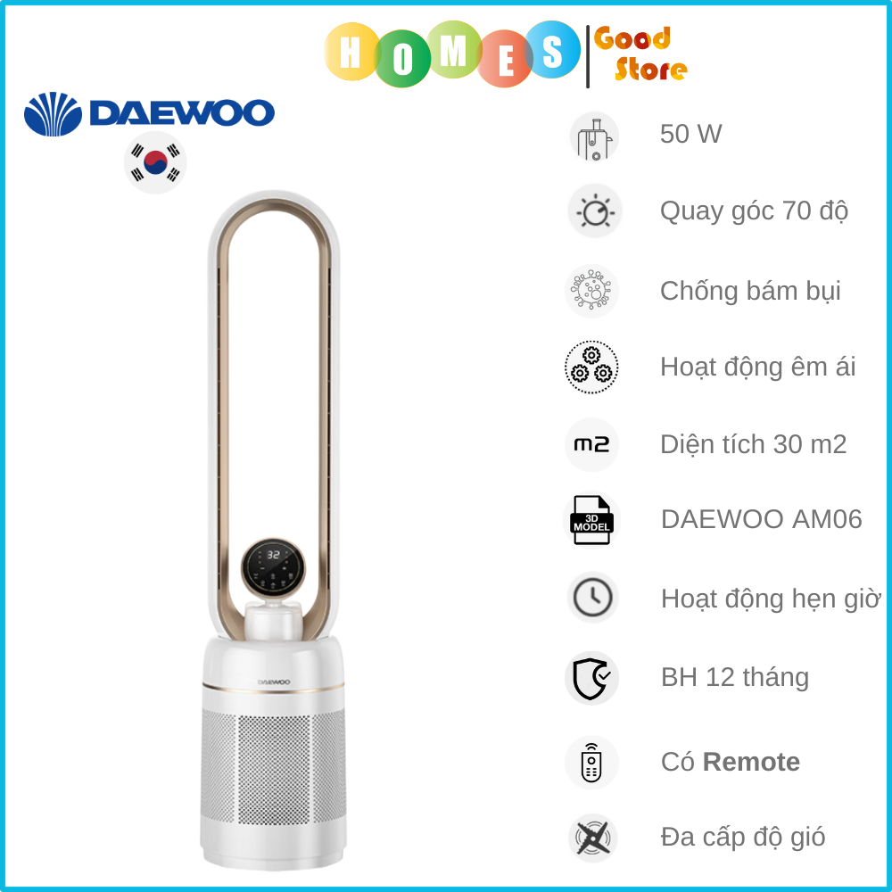 Quạt Không Cánh Tạo Ẩm Deawoo AM06 Thương Hiệu Hàn Quốc Có Hẹn Giờ - Hàng Nhập Khẩu