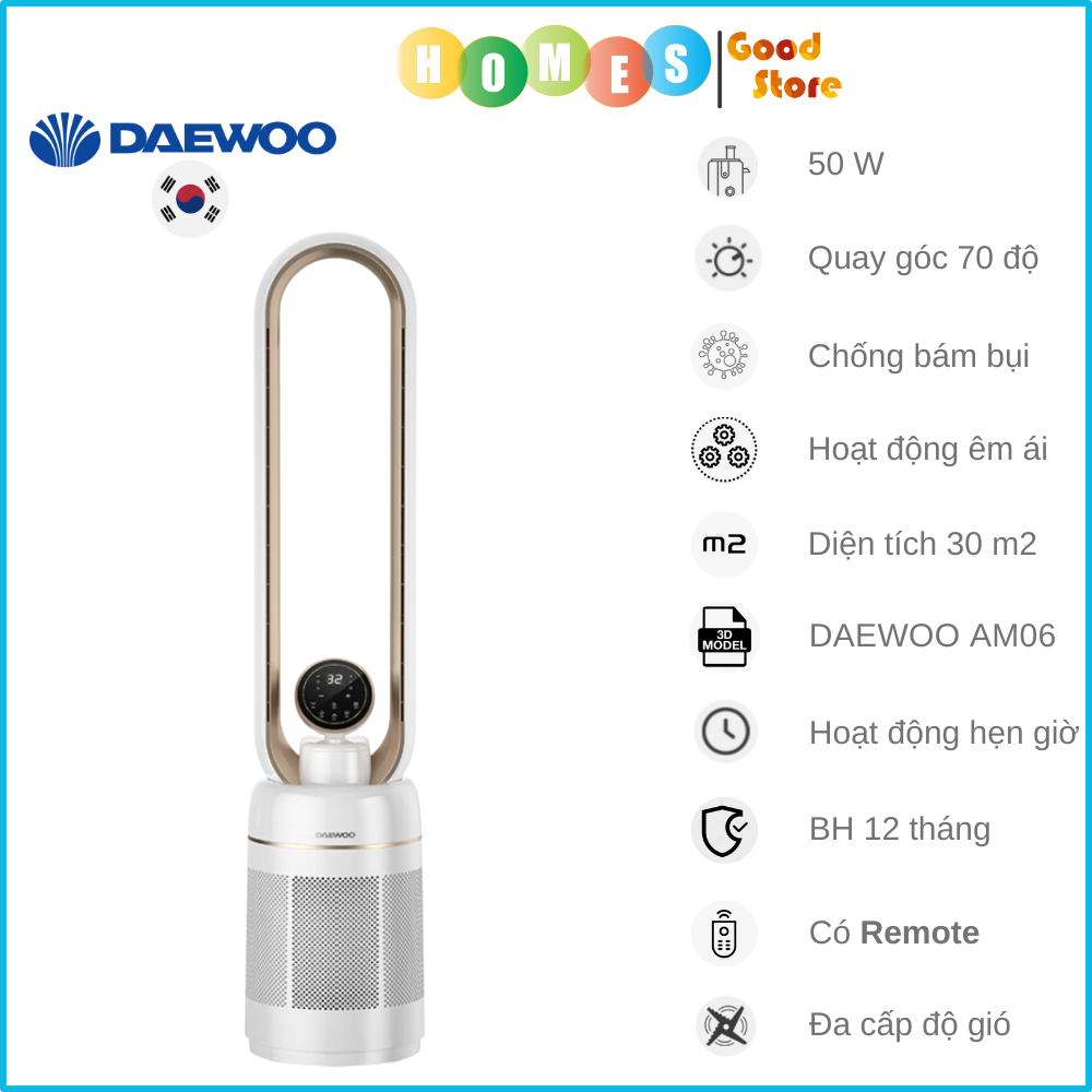 Quạt Không Cánh Tạo Độ Ẩm Deawoo AM06 Thương Hiệu Hàn Quốc Model 2023 Có Hẹn Giờ Góc Quay 70 Độ Công Suất 50 W - Hàng Nhập Khẩu