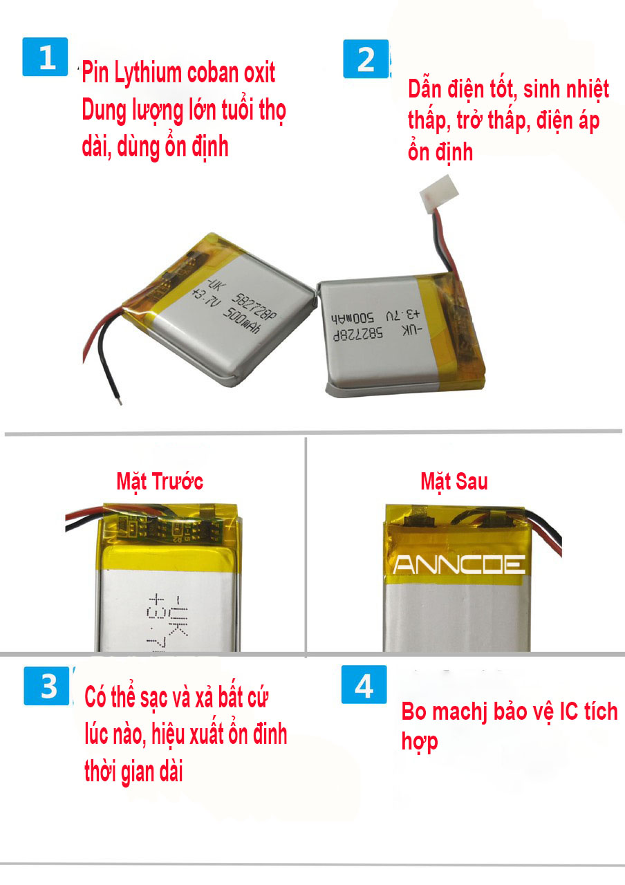 Pin ANNCOE 500 mAh - Zise: 582728 thay thế cho các loại đồng hồ thông minh trên thị trường - Hàng Nhập Khẩu