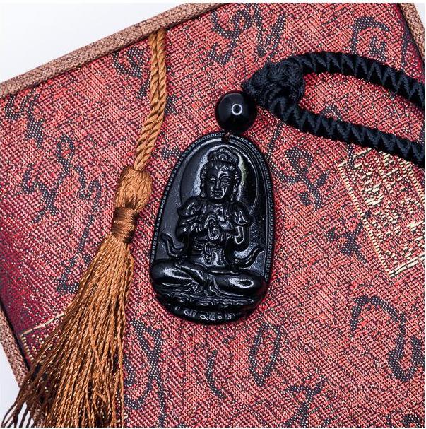 Mặt dây chuyền Đại Nhật Như Lai đá Obsidian tự nhiên - Phật Độ Mạng cho người tuổi Mùi, Thân - PBMOBS06