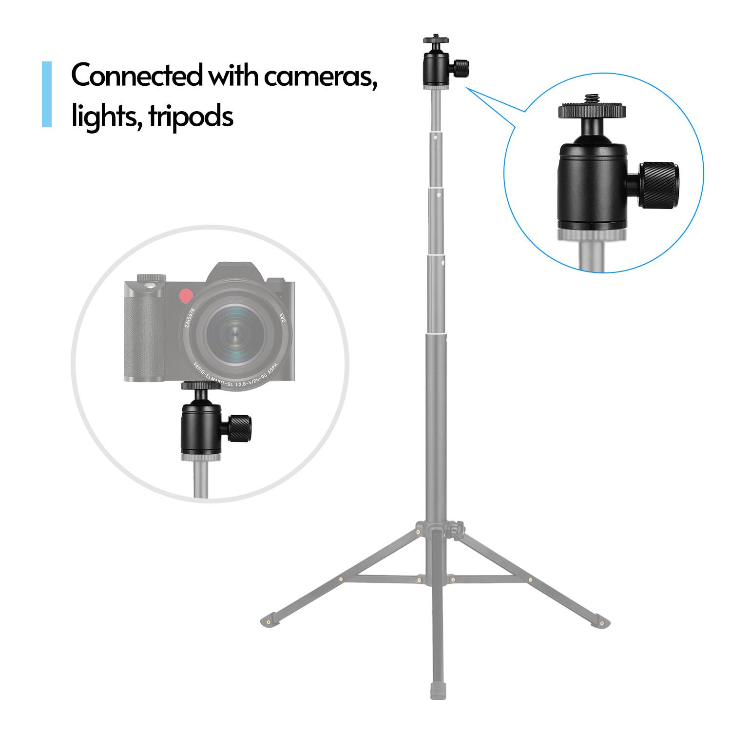 Mini Metal Tripod Head Adapter Ball Head Aluminum Alloy with 1/4 Inch Screw and 3/8 Inch Screw Hole for Mobile Phone