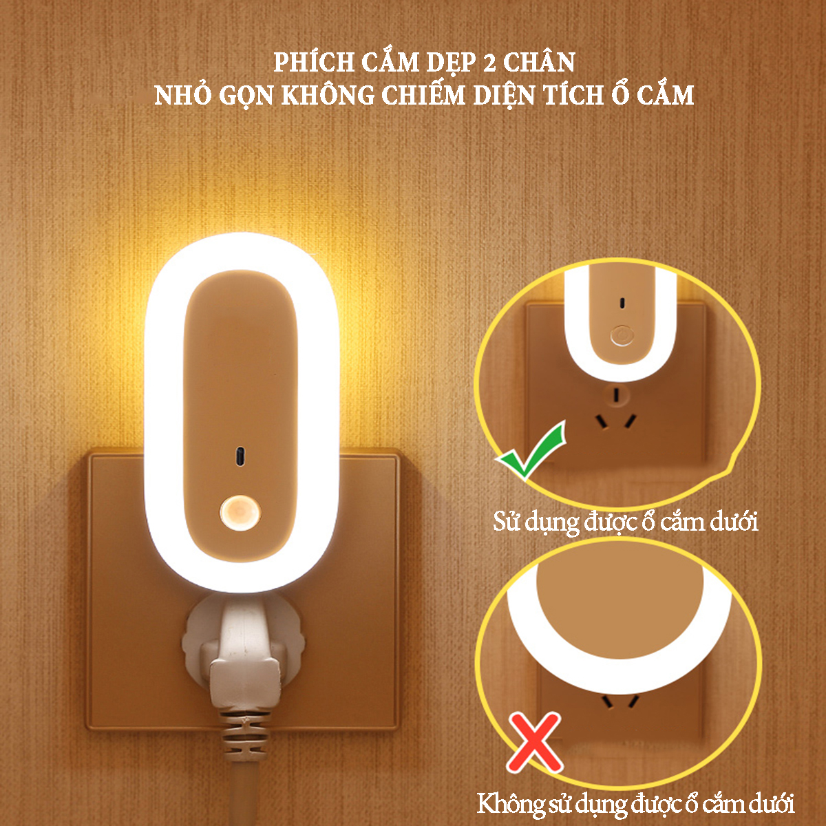 Đèn cảm biển chuyển động hình Ovan tự động sáng vào ban đêm khi có người đến gần, ánh sáng kép màu vàng ấm
