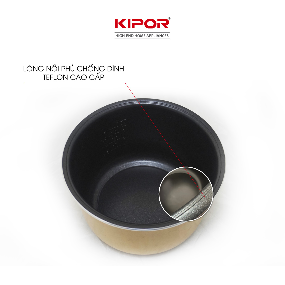 Nồi cơm điện KIPOR KP-N6518 - 1.8L - Nồi cơ dung tích lớn 4-6 người ăn, chống dính TEFLON 3mm 1Kg, màu đỏ/vàng đa năng -Hàng chính hãng- Bảo hành tại nhà 12 tháng