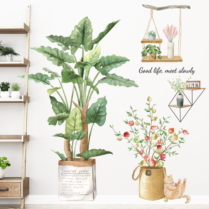 Decal trang trí tường - Cây lựu đỏ và chú mèo