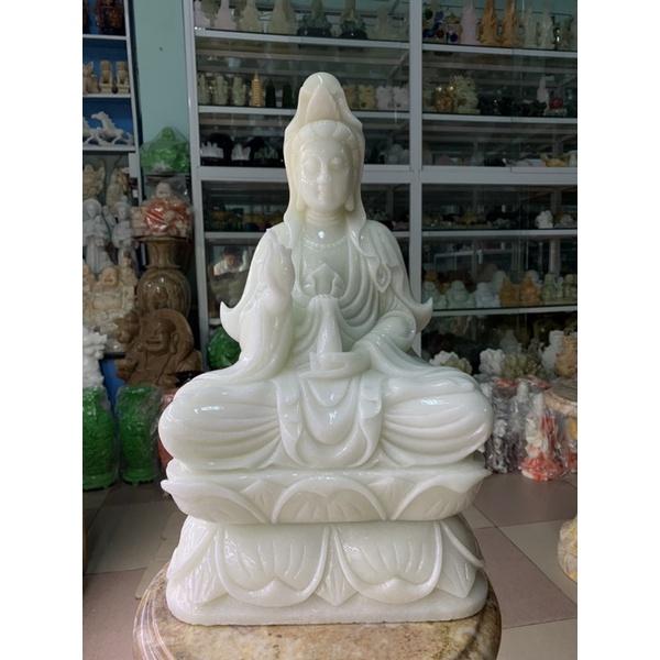 Tượng Phật Quan Thế Âm Bồ Tát Ngồi Đài Sen Cầu Bình An Đá Cẩm Thạch Trắng - cao 51cm