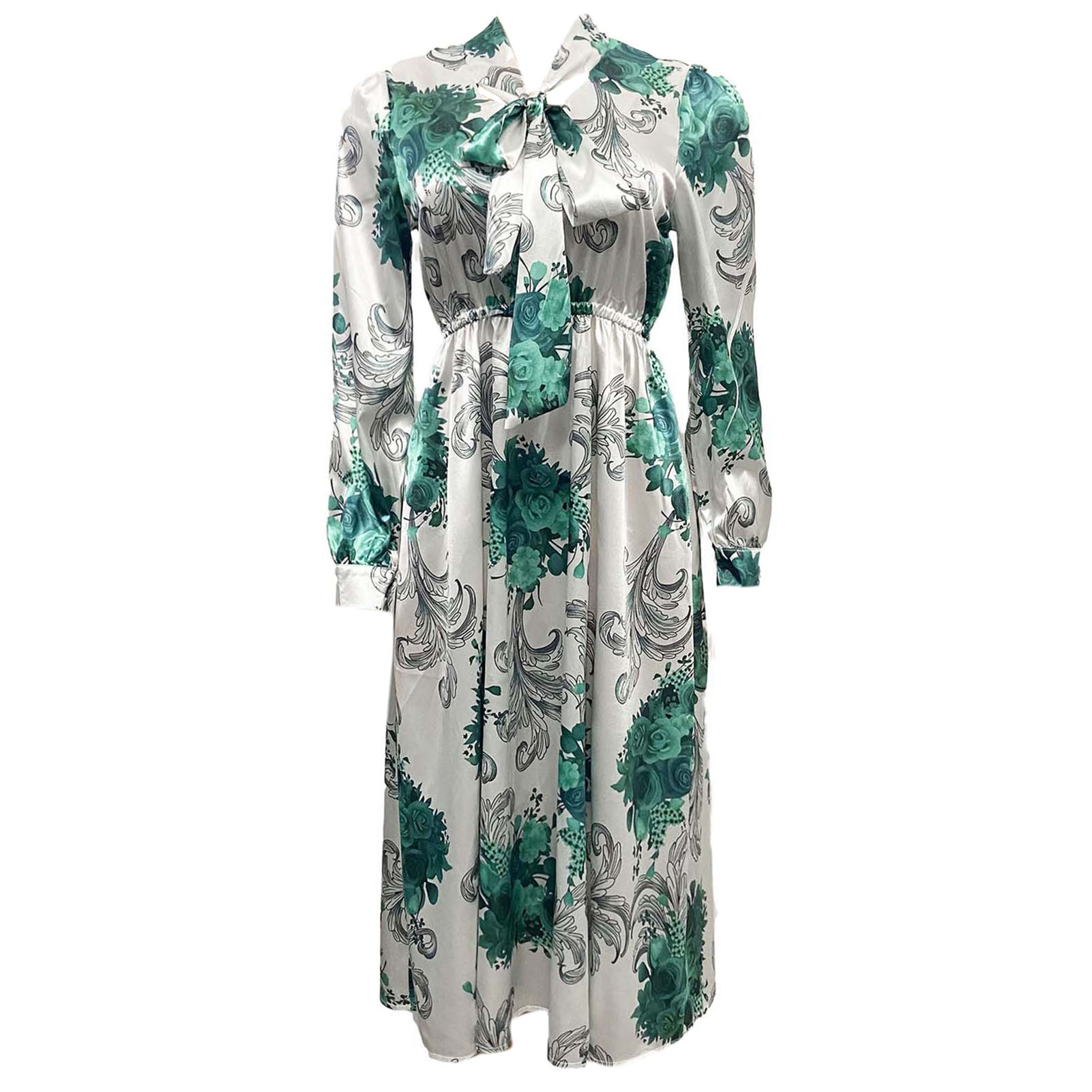Vintage Women Midi Dress Elastic High Waist Long Puff Sleeve Bow Floral Print Ruffles Dress