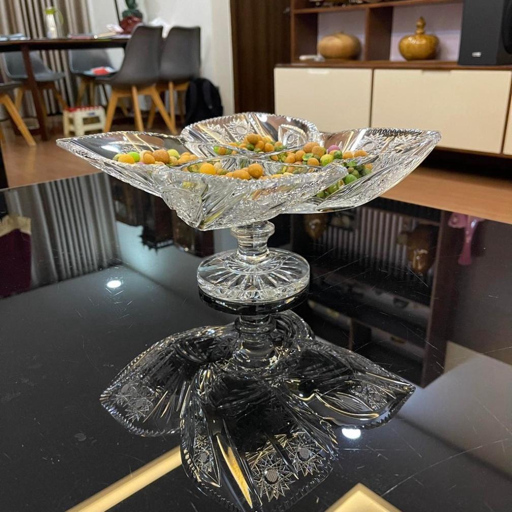 Chân Bồng 4 Cánh Hoa Pha Lê Mài Bohemia 30cm, Khay Bồng Pha Lê Trang Trí Bàn Tiệc, Nhập Đức