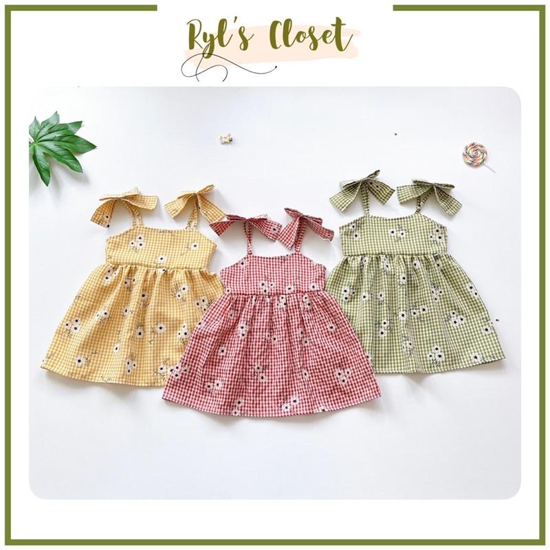 Váy 2 Dây Nơ Caro Hoa Bé Gái 4 Đến 28kg, Đầm Bé Gái Chất Thô Nhật Mềm Mướt