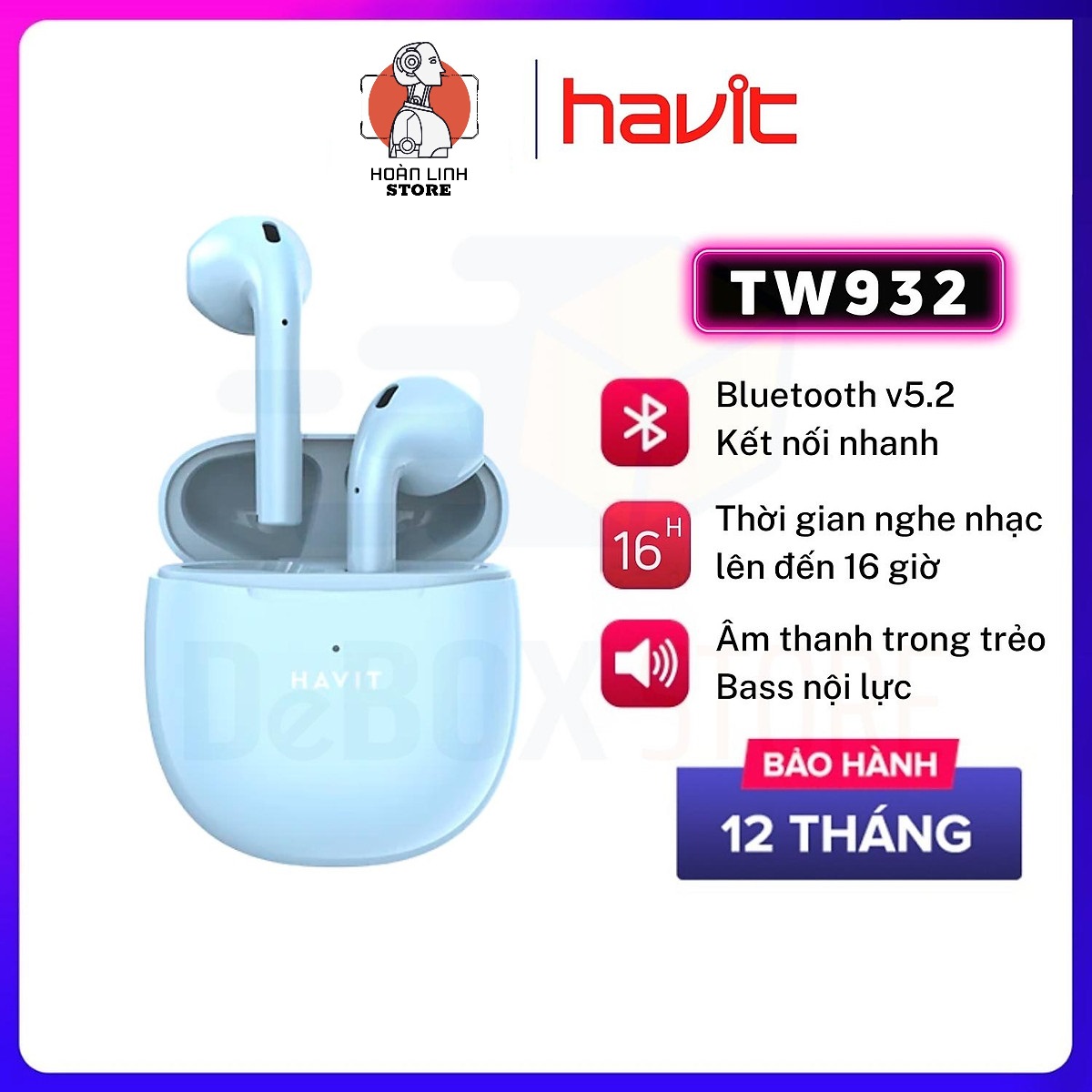 Tai Nghe Bluetooth Không Dây TWS HAVIT TW932 Bluetooth 5.2 - Âm Bass Tăng Cường, Driver 13mm - Hàng Chính Hãng