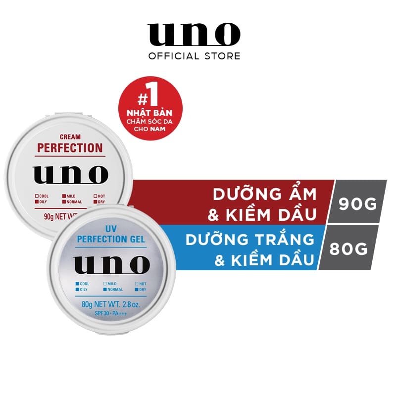 Bộ đôi kem dưỡng da cho nam ban ngày UNO UV Perfection Gel 80g và ban đêm Cream Perfection 90g