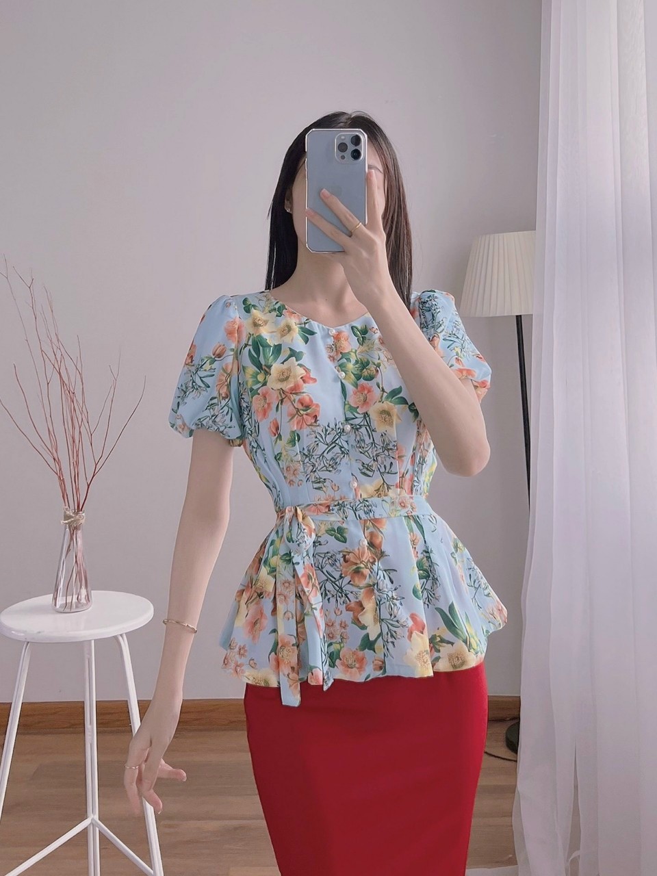 Hàng thiết kế - Áo kiểu peplum hoa lá cột eo xếp ly siêu xinh - A55145