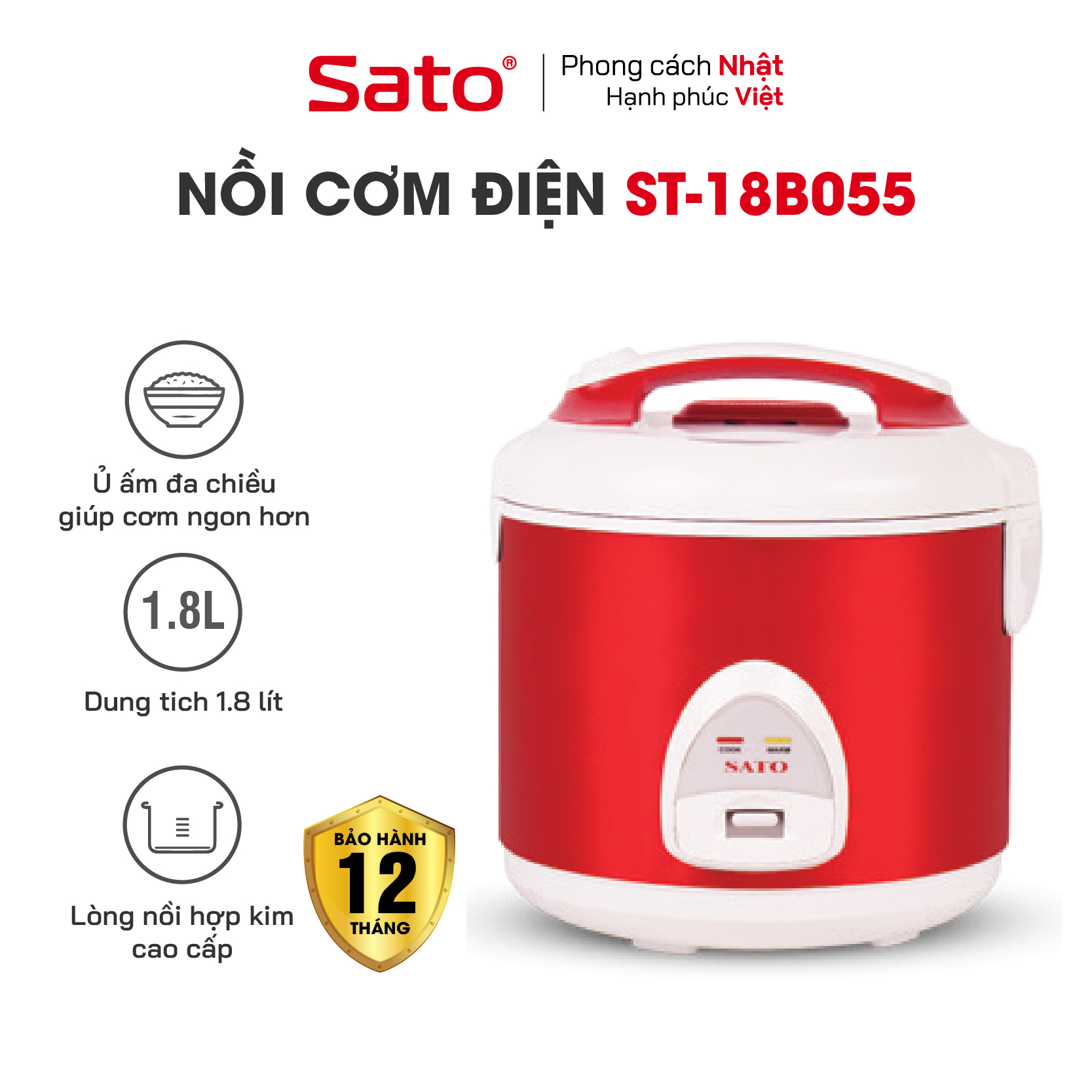 Nồi cơm điện SATO 18B055 1.8L - Thiết kế sang trọng, hiện đại, màu sắc trang nhã - Miễn phí vận chuyển toàn quốc - Hàng chính hãng