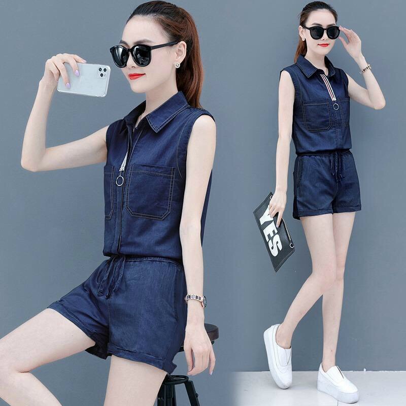 Jumpsuit Jean Short V viền cổ sọc thời trang Cao Cấp TP07