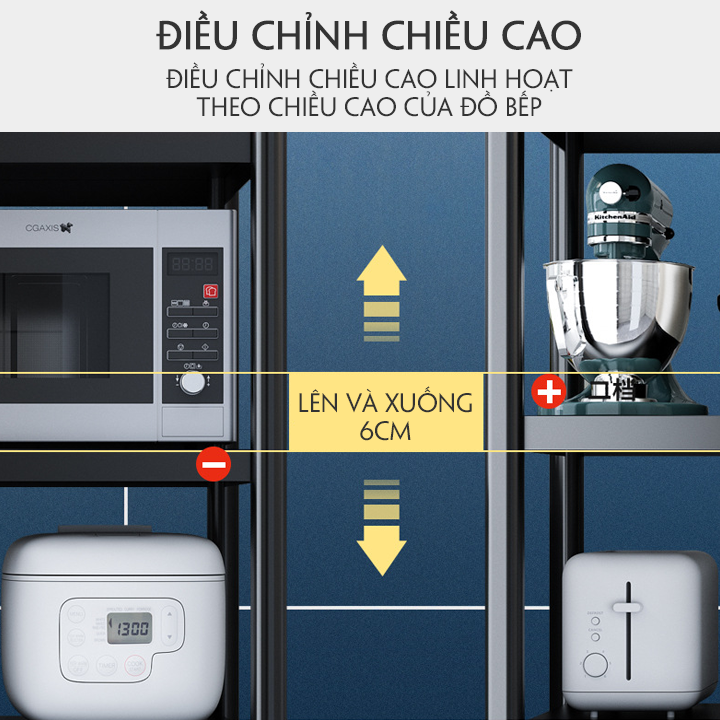 Kệ để lò vi sóng đa năng 4 tâng thiết kế thông minh, Kệ nhà bếp để đồ thép đen sơn tĩnh điện