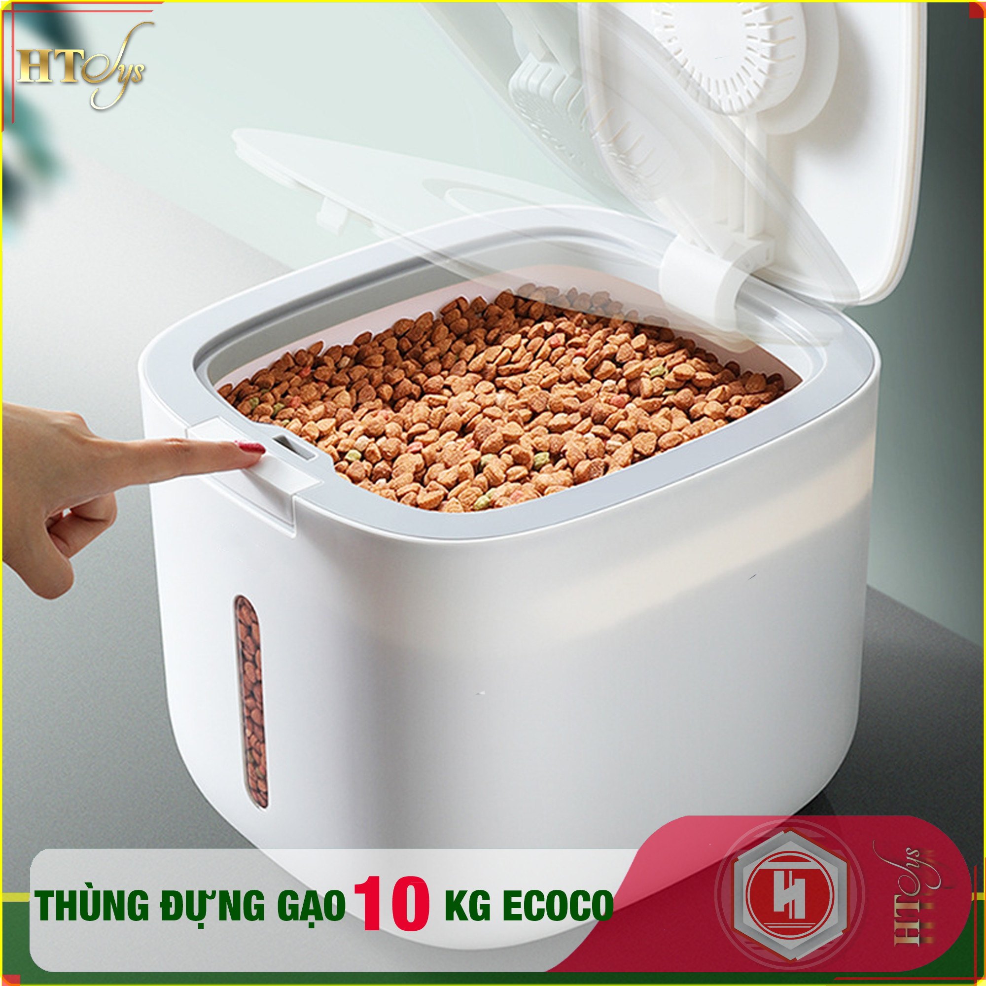 01 Thùng đựng gạo thông minh 10kg HT SYS -  ECOCO - E2005, thiết kế dạng nhấn nút, chất liệu ABS cao cấp + 01 Vỉ móc Vàng Tài Lộc + 04 Khăn lau siêu thấm