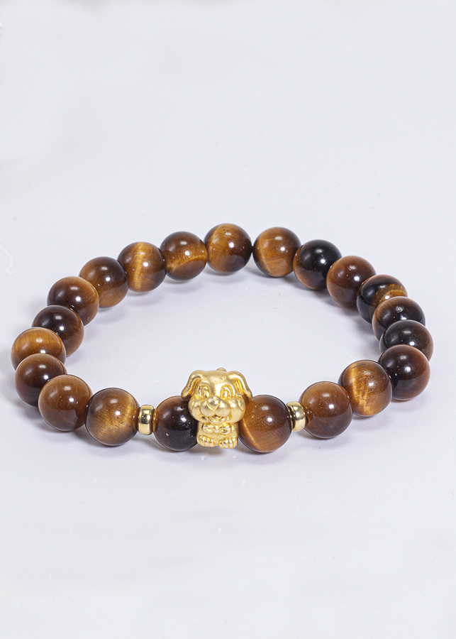 Vòng Tay Phong Thủy Đá Mắt Hổ Vàng Nâu Phối Charm Tuổi Tuất Bạc Mạ Vàng 24K Mệnh Thổ, Kim Ngọc Quý Gemstones