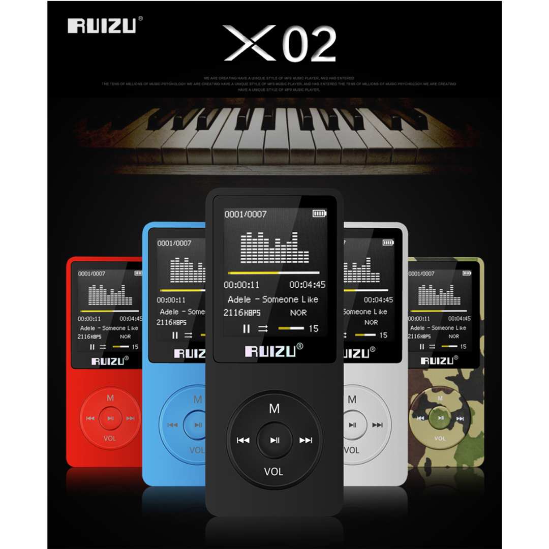 Máy nghe nhạc Ruizu X02: Thiết kế nhỏ gọn, ghi âm chất lượng cao, nghe đài FM, hỗ trợ nhạc Lossless (MP3/WMA/WAV/APE/FLAC), màn hình TFT 1.8 inch, bộ nhớ 8GB/16GB, thẻ nhớ microSD 64GB, pin 80 giờ, giải trí tiện lợi mọi lúc mọi nơi - Hàng nhập khẩu